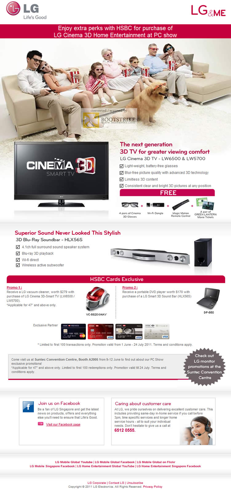 PC Show 2011 price list image brochure of LG HSBC Cinema 3D TV LW6500 LW5700 Free Vacuum Cleaner Portable DVD Player Soundbar Blu Ray HLX56S