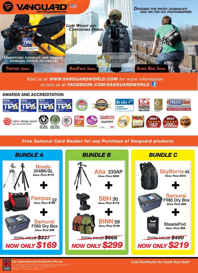 PC Show 2011 price list image brochure of Lau Intl Tripods Bags Dry Box Bundles Vanguard Nivelo Pampas Alta SBH BINN SkyBorne SteadePod
