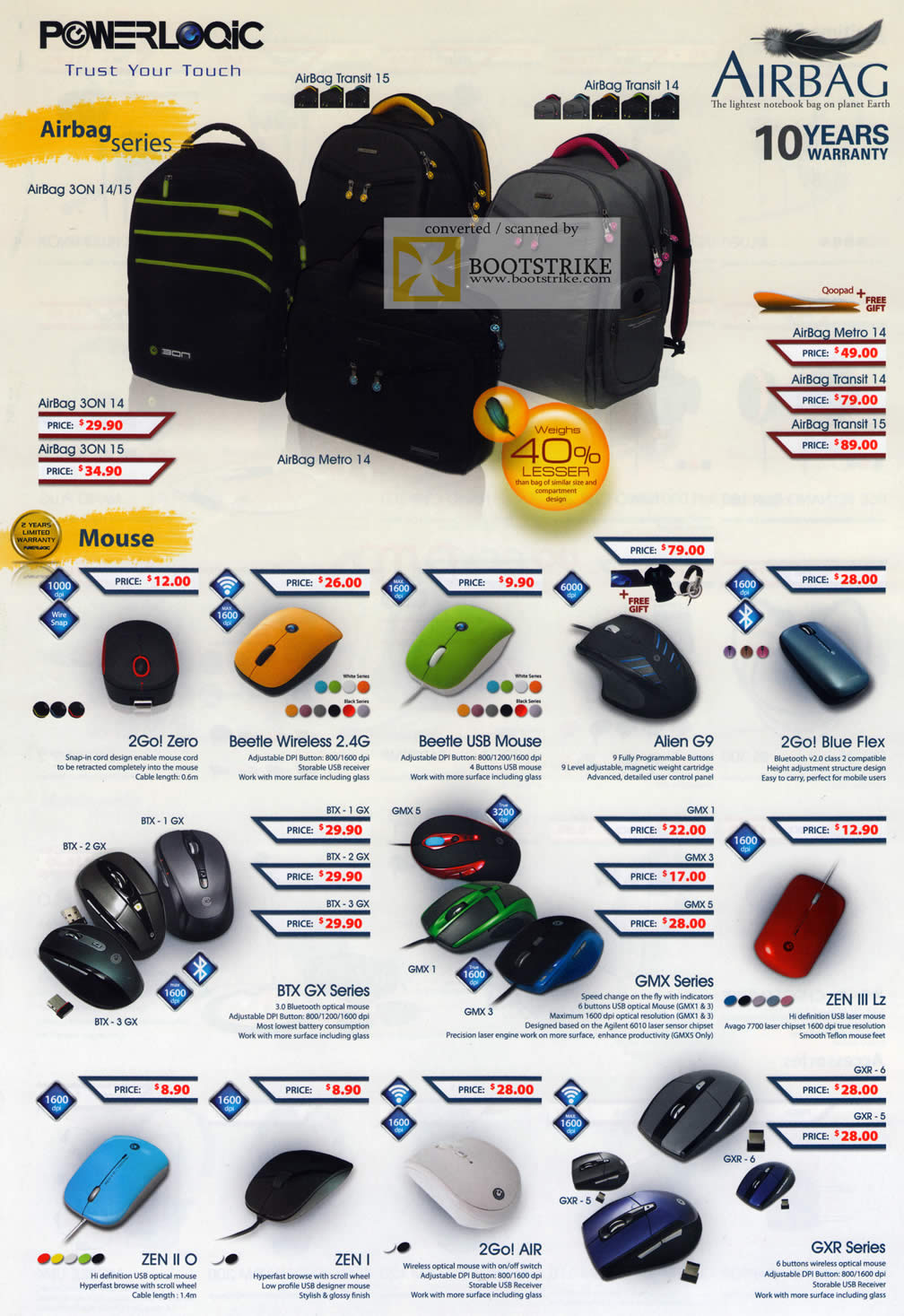 PC Show 2011 price list image brochure of Leapfrog Powerlogic Bags Airbag 3ON Metro Transit Mouse 2Go! Zero Beetle Wireless USB Alien G9 Blue Flex BTX GX GMX ZEN GXR ZEN I II O