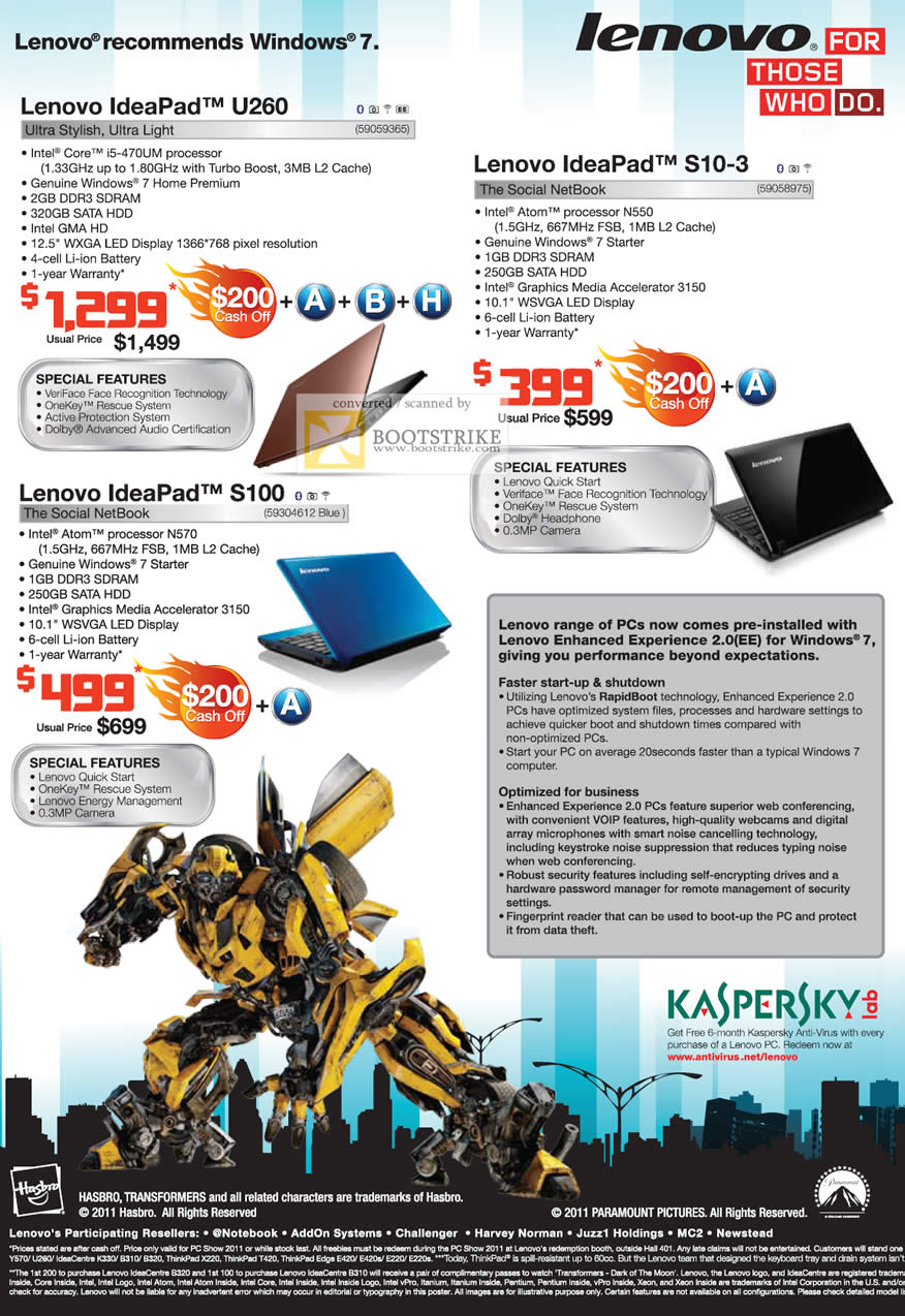PC Show 2011 price list image brochure of Lenovo Notebooks IdeaPad U260 S10-3 S100