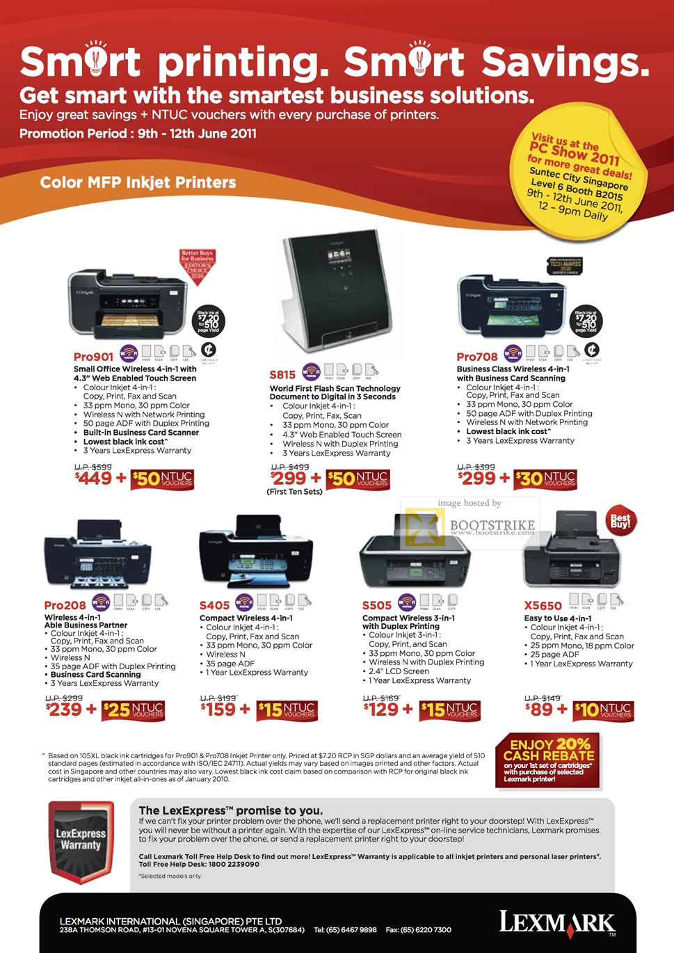 PC Show 2011 price list image brochure of Lexmark Printers Inkjet Pro901 S815 Pro708 Pro208 S405 S505 X5650 Colour Wireless Business Flash Scan