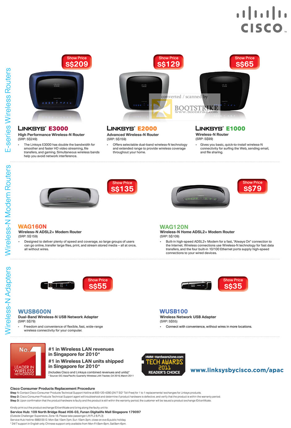 PC Show 2011 price list image brochure of Linksys Cisco Wireless Routers Modem Adapters E3000 E2000 E1000 WAG160N WAG120N WUSB600N WUSB100