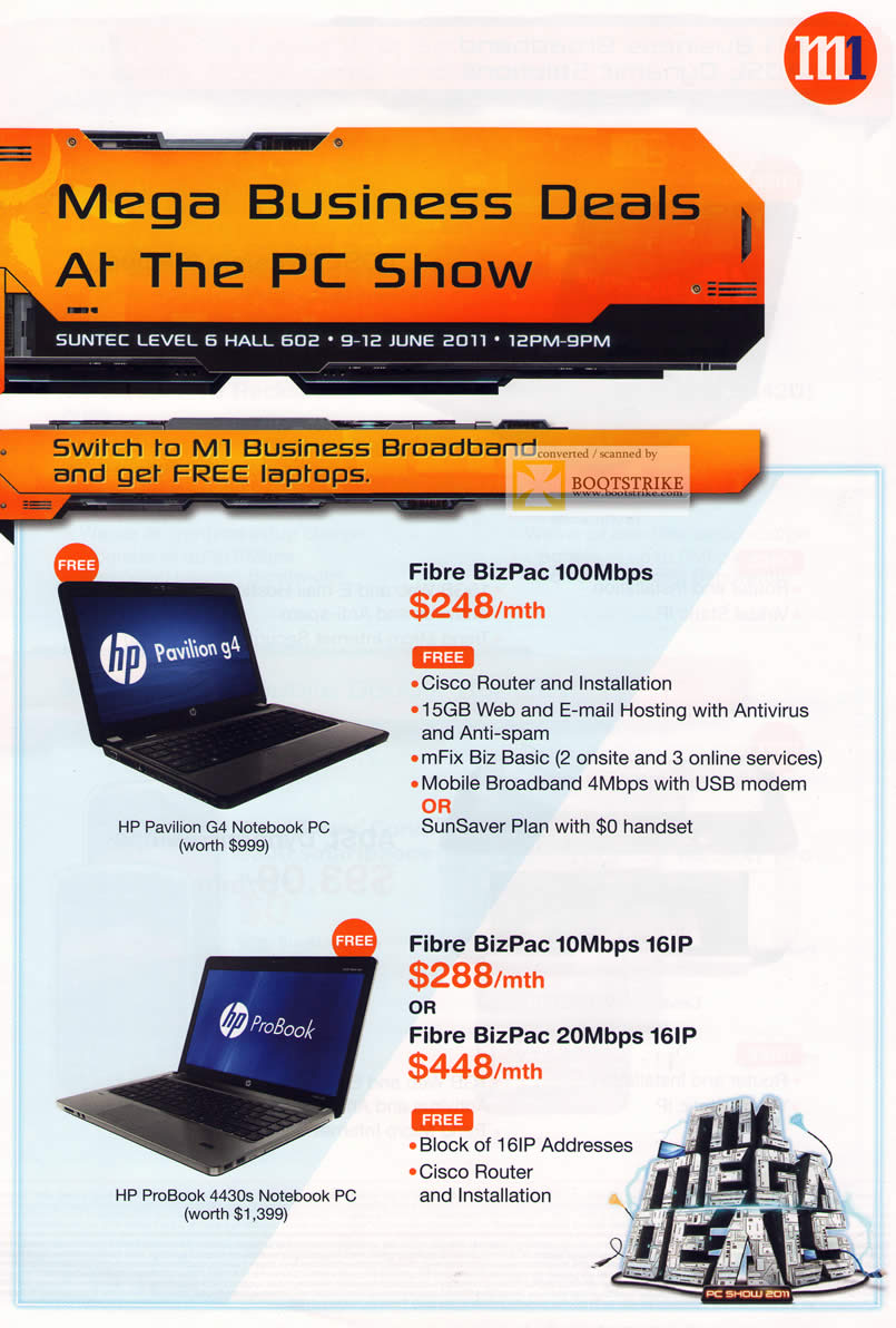 PC Show 2011 price list image brochure of M1 Business Broadband BizPac 100Mbps HP Pavilion G4 ProBook 4430s Notebook PC 10Mbps 16IP 20Mbps 16IP