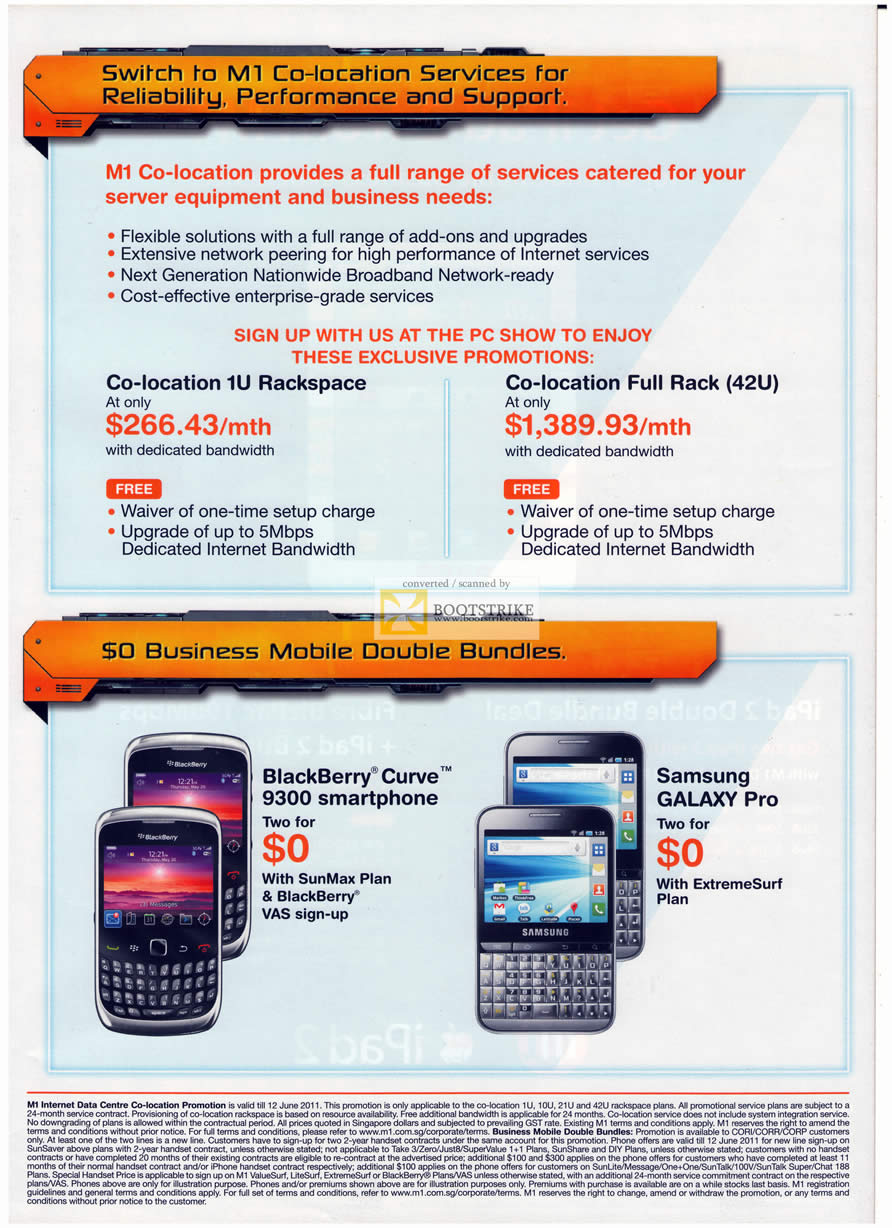PC Show 2011 price list image brochure of M1 Business Co-Location 1U Rackspace Rack BlackBerry Curve 9300 Samsung Galaxy Pro