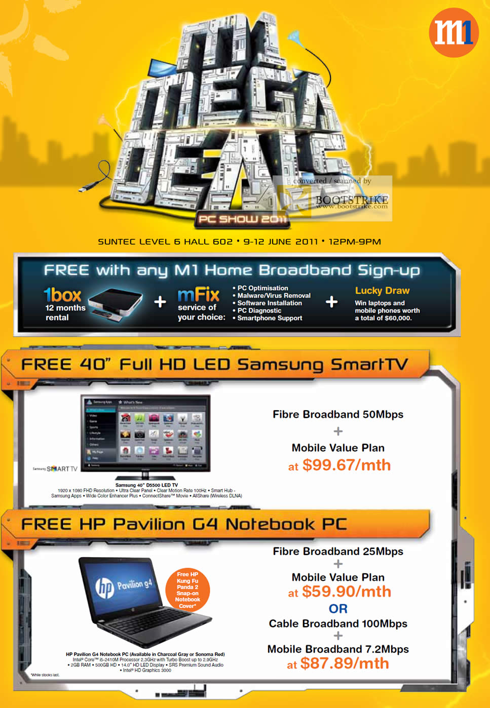 PC Show 2011 price list image brochure of M1 Deals Free Samsung D5500 LED TV HP Pavilion G4 Notebook Fibre Broadband Mobile Value Plan 1Box MFix
