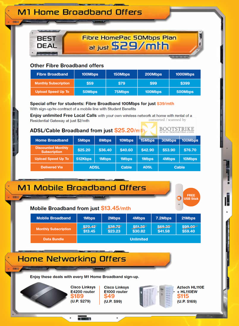 PC Show 2011 price list image brochure of M1 Home Mobile Fibre Broadband Offers HomePad 50Mbps 1000Mbps 200Mbps 21Mbps Cisco Linksys E4200 Router E1000 Aztech HL110E HL110EW