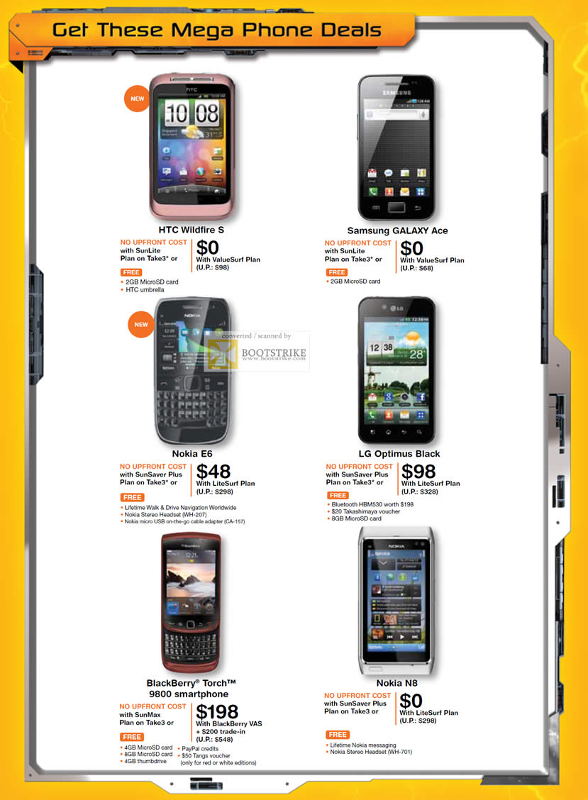 PC Show 2011 price list image brochure of M1 Mobile Phones HTC Wildfire S Galaxy Ace Nokia E6 LG Optimus Black BlackBerry Torch 9800 Nokia N8