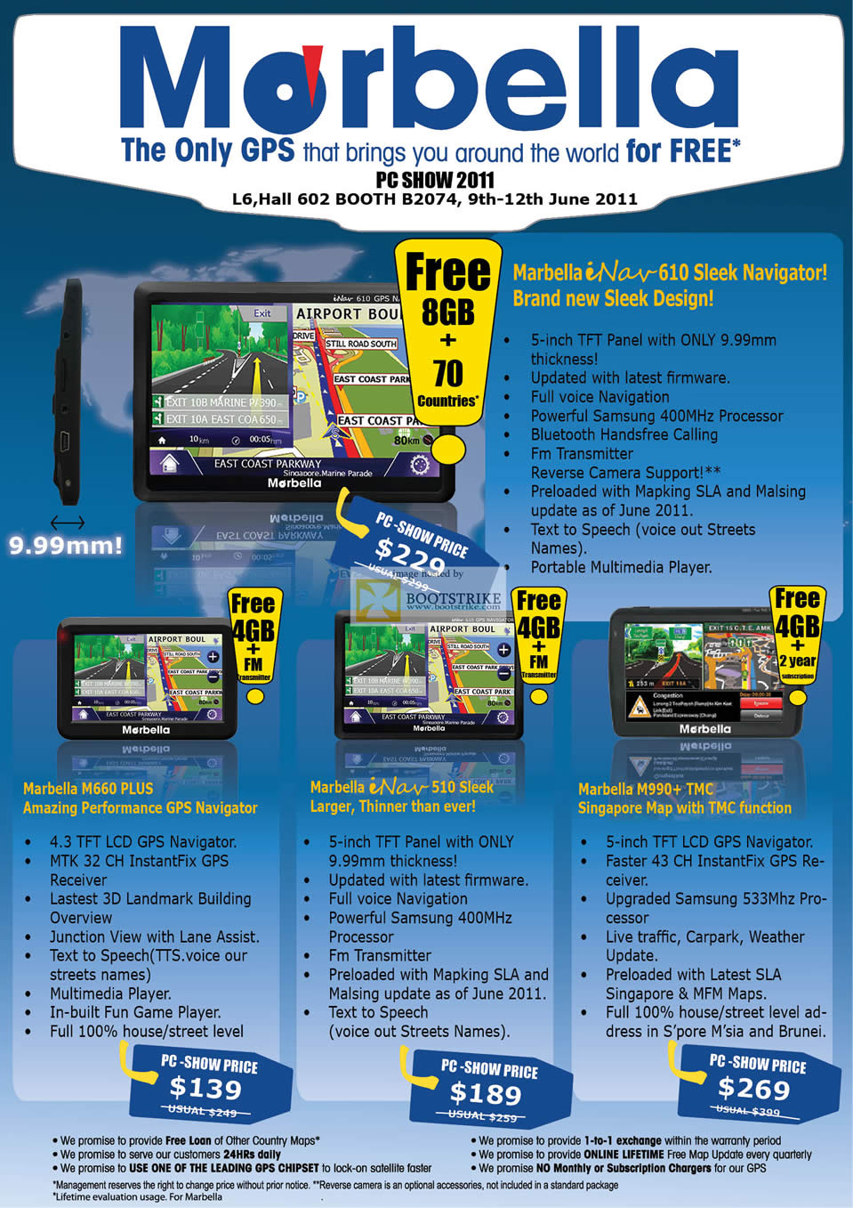 PC Show 2011 price list image brochure of Marbella GPS Maka INav 610 M660 Plus 510 Sleek M990 Plus TMC