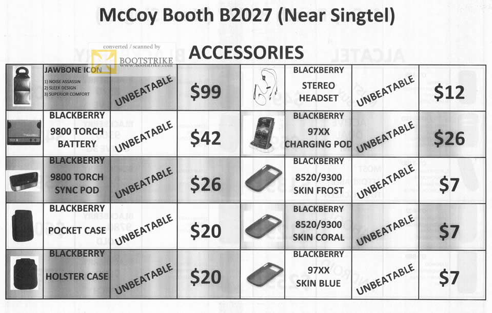 PC Show 2011 price list image brochure of Mccoy Mobile Phone Accessories JawBone Blackberry Battery Case Headset Charging Pod Skin Frost Blue Coral