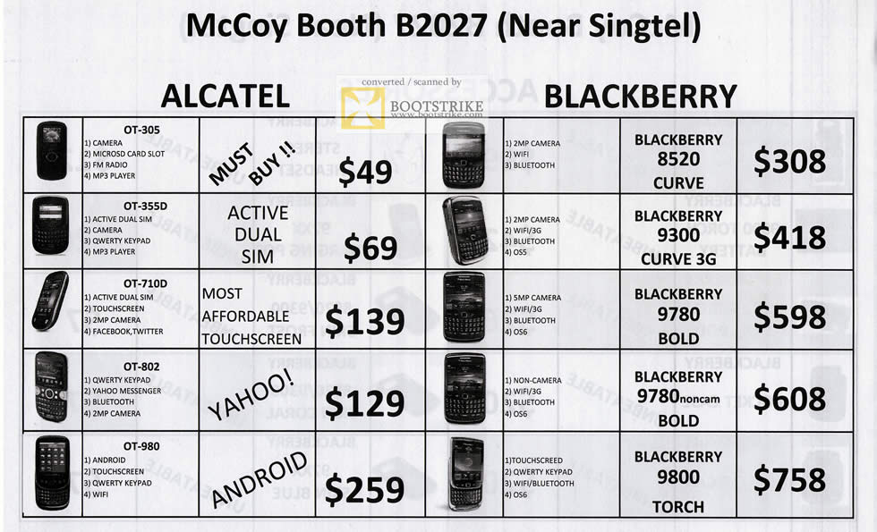 PC Show 2011 price list image brochure of Mccoy Mobile Phones Alcatel OT-305 355D 710D 802 980 Blackberry 8520 Curve 9300 3G 9780 Bold 9800 Torch