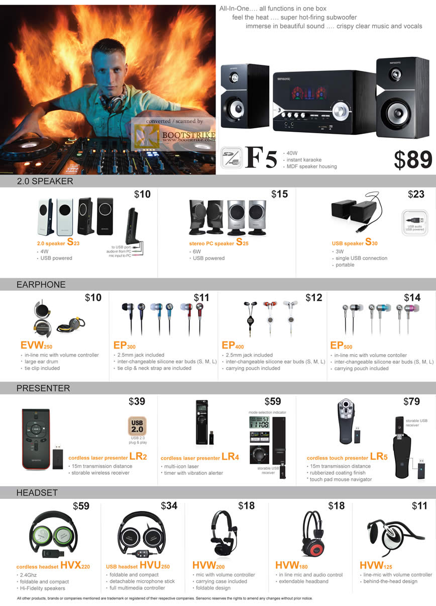 PC Show 2011 price list image brochure of Mclogic Sensonic Speakers F5 S23 S25 S30 Earphone EVW250 EP300 EP400 EP500 Presenter LR2 LR4 LR5 Headset HVX220 HVU250 HVW200 HVW180 HVW125