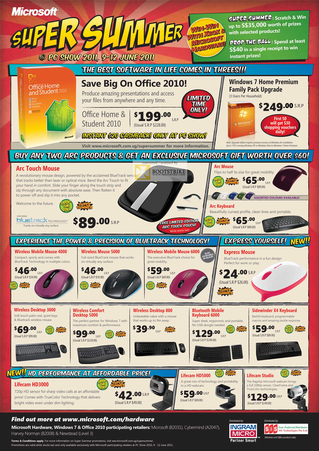 PC Show 2011 price list image brochure of Microsoft Office 2010 Windows 7 Family Pack Arc Touch Mouse Keyboard Wireless Mobile Express Webcam Lifecam Comfort Bluetooth Sidewinder
