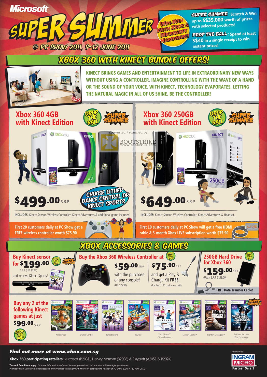 PC Show 2011 price list image brochure of Microsoft Xbox 360 Kinect Accessories Wireless Controller 250 Hard Drive Games Dance Central Sports