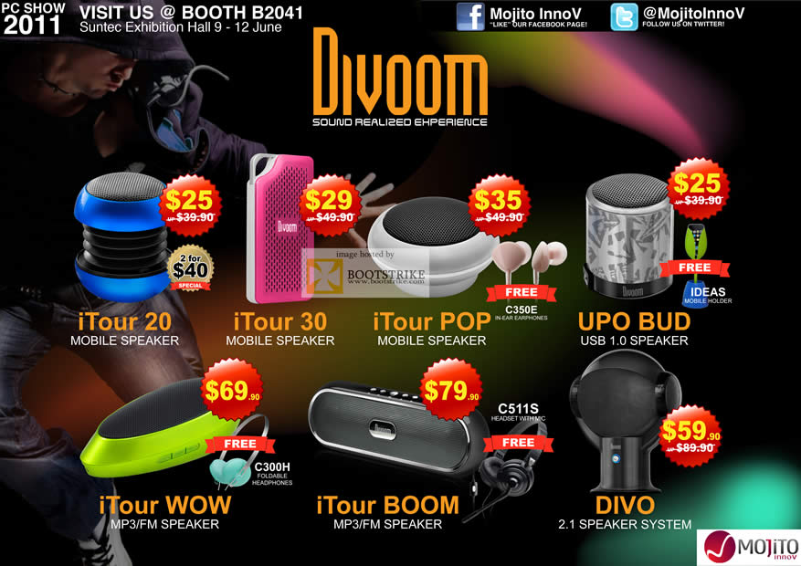 PC Show 2011 price list image brochure of Mojito Divoon Speakers ITour 20 30 POP UPO BUD WOW BOOM DIVO FM USB