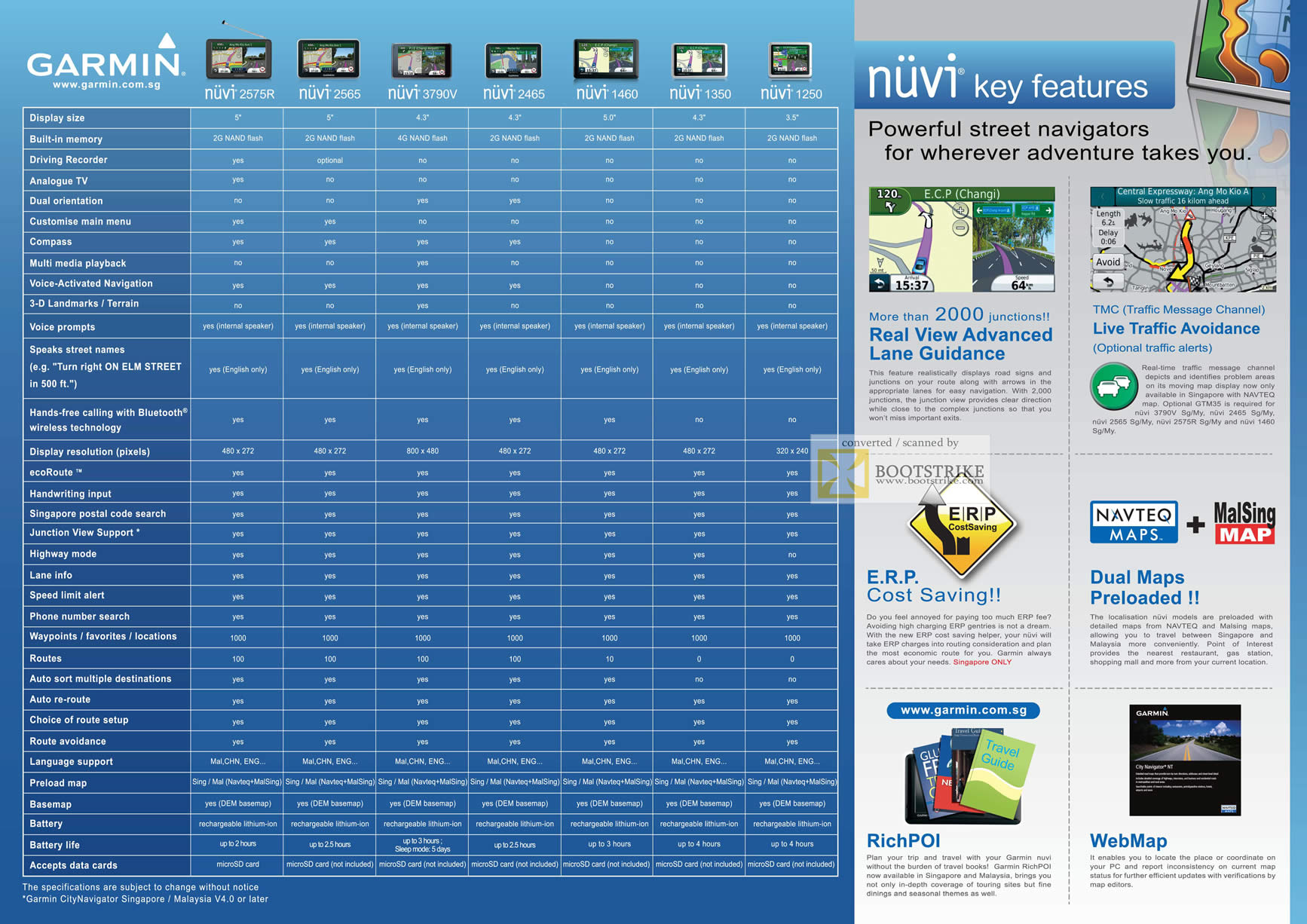 PC Show 2011 price list image brochure of Navicom Garmin GPS Comparison Chart Features Nuvi 2575R 2565 3790V 2464 1460 1350 1250 MalSing Map Navteq ERP TMC Rich POI WebMap