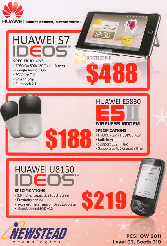 PC Show 2011 price list image brochure of Newstead Huawei Tablets Ideos S7 E5830 E5II Wireless Modem U8150 Android