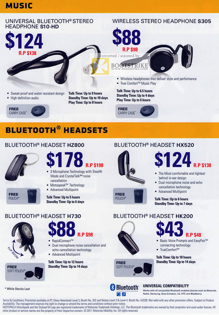 PC Show 2011 price list image brochure of Nubox Motorola Music Bluetooth Stereo Headphone Headset S305 HZ800 S10-HD HX520 H730 HK200