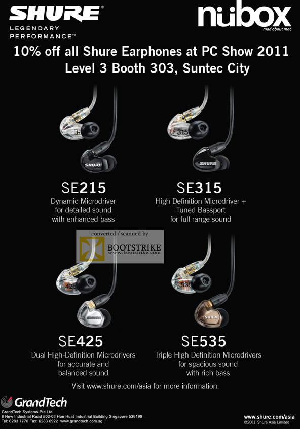 PC Show 2011 price list image brochure of Nubox Shure Earphones SE215 SE315 SE425 SE535 GrandTech