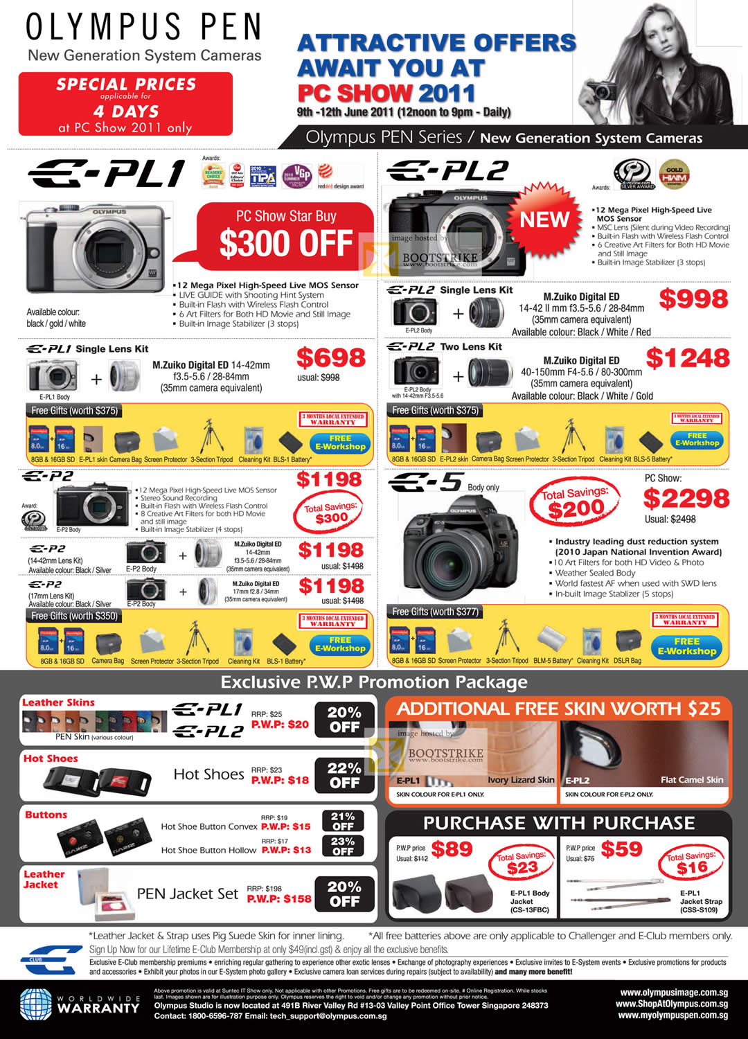 PC Show 2011 price list image brochure of Olympus Digital Cameras E-PL1 PL2 Single Lens Kit Two E-P2 E-5 PWP Hot Shoe Buttons M.Zuiko