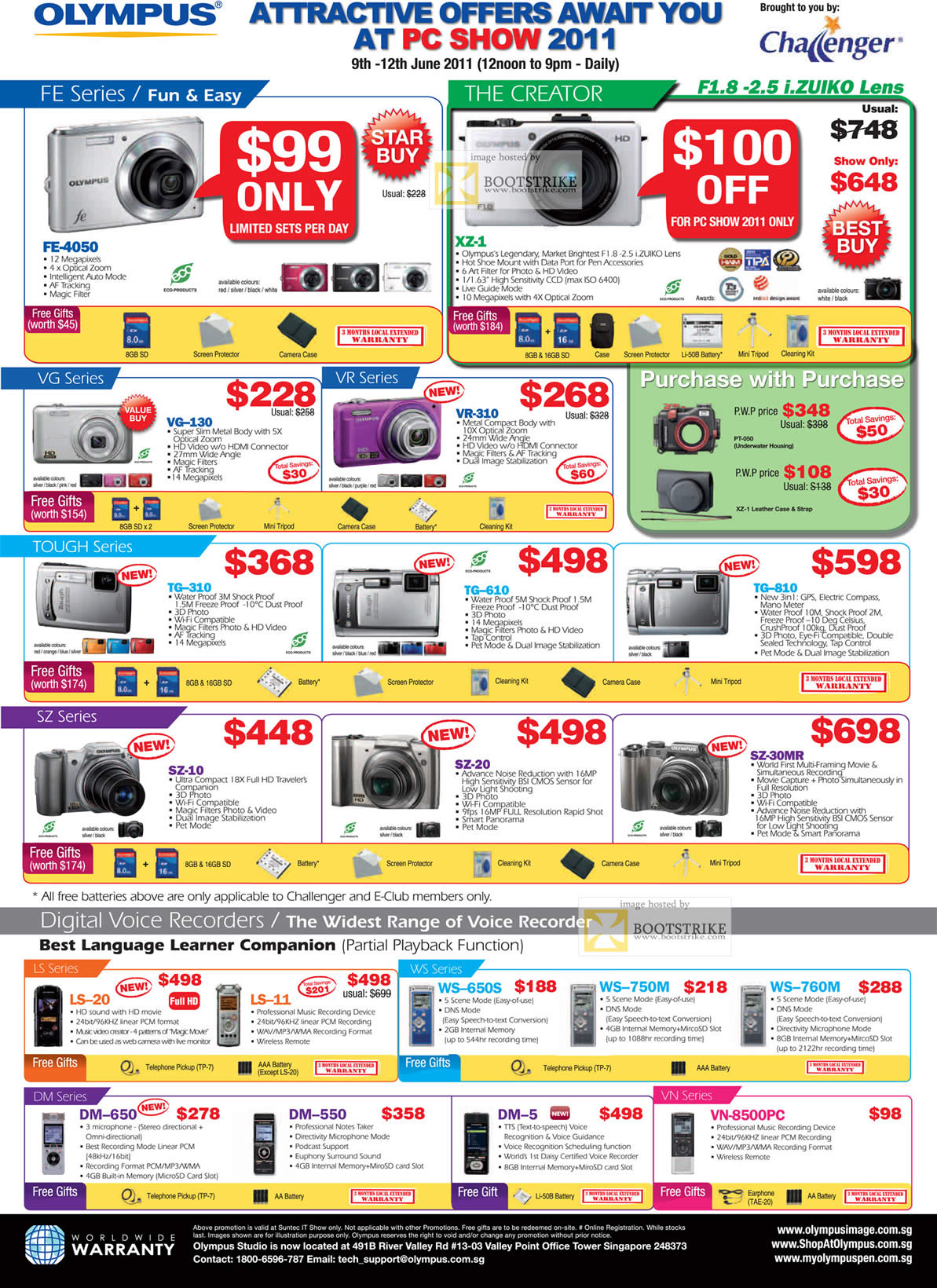 PC Show 2011 price list image brochure of Olympus Digital Cameras FE-4050 XZ-1 VG-130 VR-310 I.Zuiko Tough TG-310 610 810 SZ-10 20 30MR Voice Recorders LS-20 11 WS 650S 750M 760M DM 650 550 5 VN 8500PC