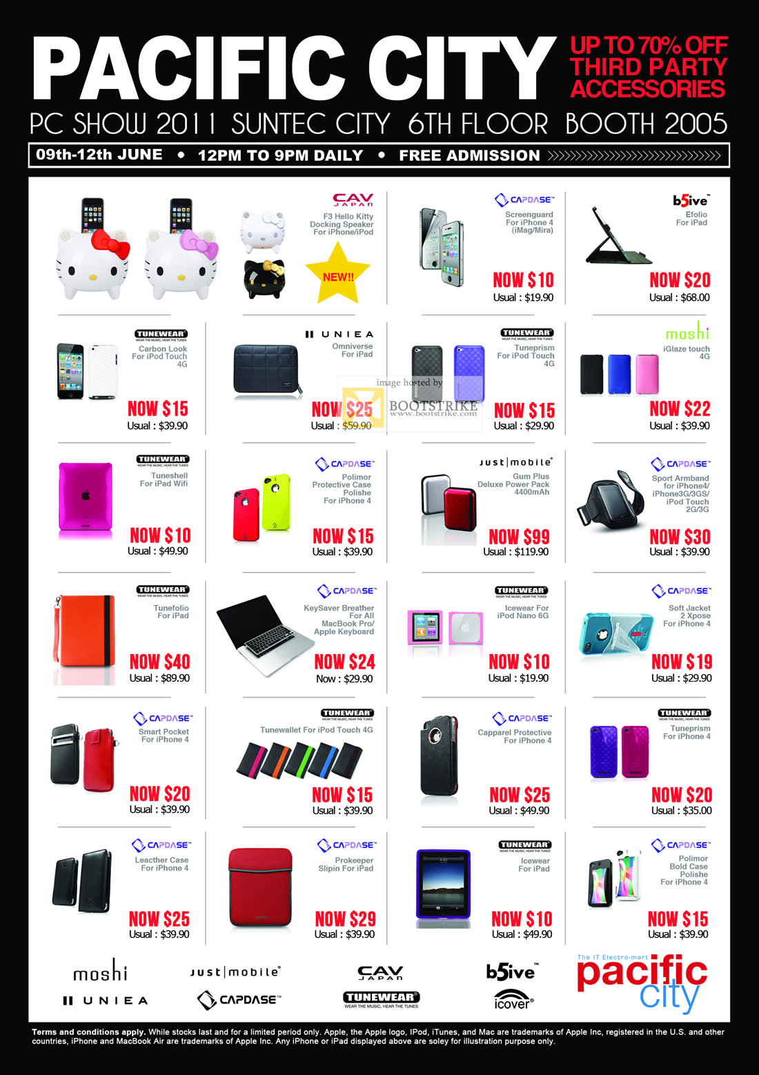 PC Show 2011 price list image brochure of Pacific City Accessories CAV B5ive Moshi Uniea Tunewear IPad IPhone MacBook Capdase Just Mobile Icover Case Screenguard Hello Kitty