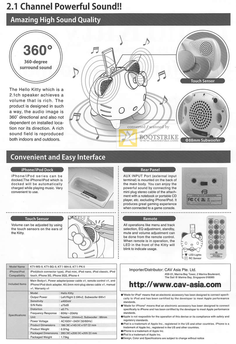 PC Show 2011 price list image brochure of Pacific City Hello Kitty IPhone IPod Docking Features 360 Degree Surround Rear Panel Touch Sensor Remote CAV Asia Specifications