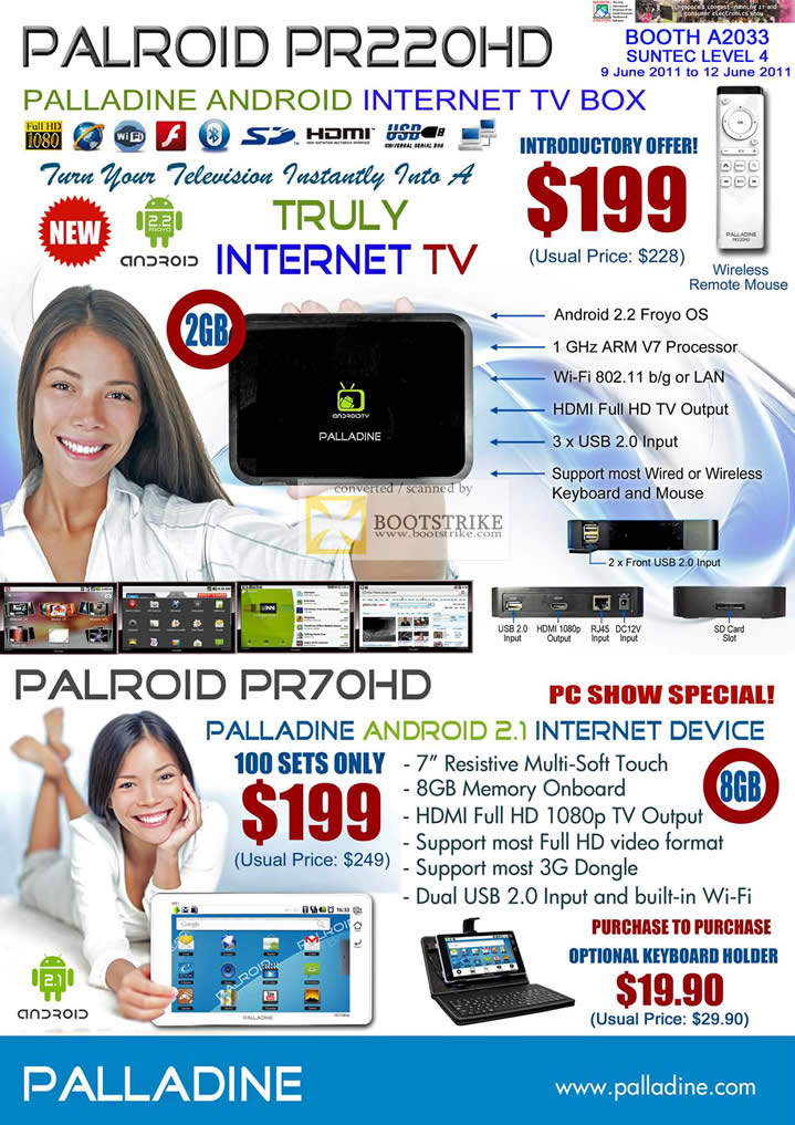 PC Show 2011 price list image brochure of Palladine Palroid PR220HD Android Froyo Internet TV Box PR70HD