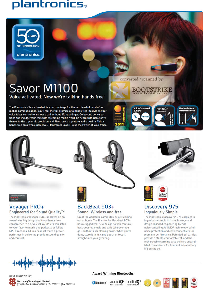 PC Show 2011 price list image brochure of Plantronics Savor M1100 Bluetooth Headsets Voyager Pro Plus BackBeat 903 Plus Discovery 975