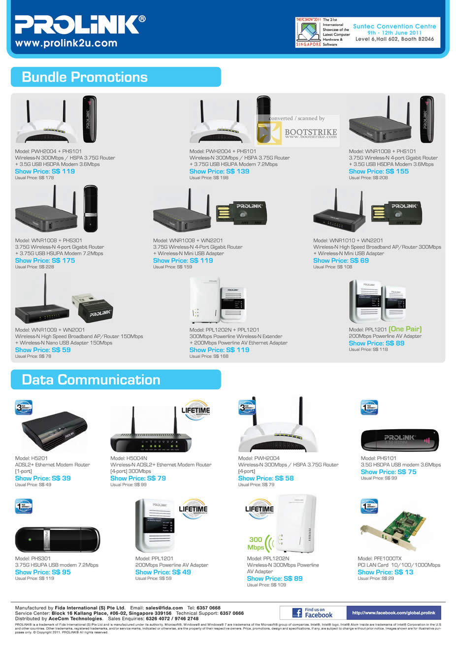 PC Show 2011 price list image brochure of Prolink Bundle Promotions Wireless Router HSUPA Modem USB Adapter Powerline ADSL PCI LAN Card
