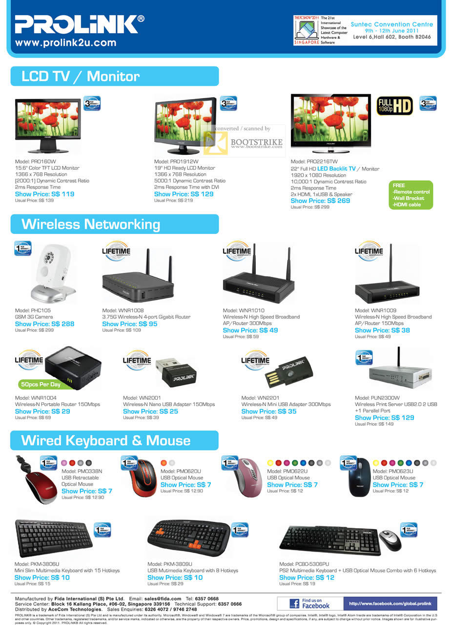 PC Show 2011 price list image brochure of Prolink Monitors TV Wireless Router Keyboard Mouse PRO160W PRO1912W PRO2216TW WNR1004 WNR1009 WNR2001 USB Adapter PKM