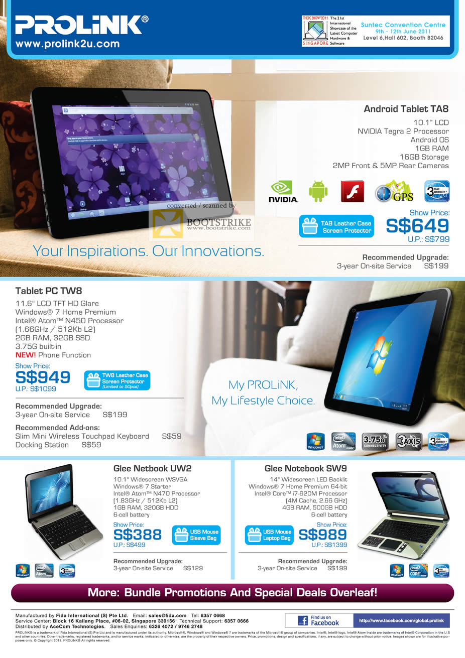 PC Show 2011 price list image brochure of Prolink Tablets Notebooks Netbooks Android TA8 TW8 Glee UW2 SW9