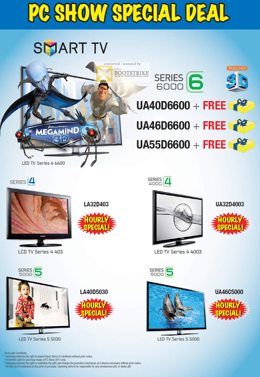 PC Show 2011 price list image brochure of Samsung Courts Smart TV Series 6 UA40D6600 UA46D6600 UA55D6600 LA32D403 UA32D4003 LA40D5030 UA46C5000