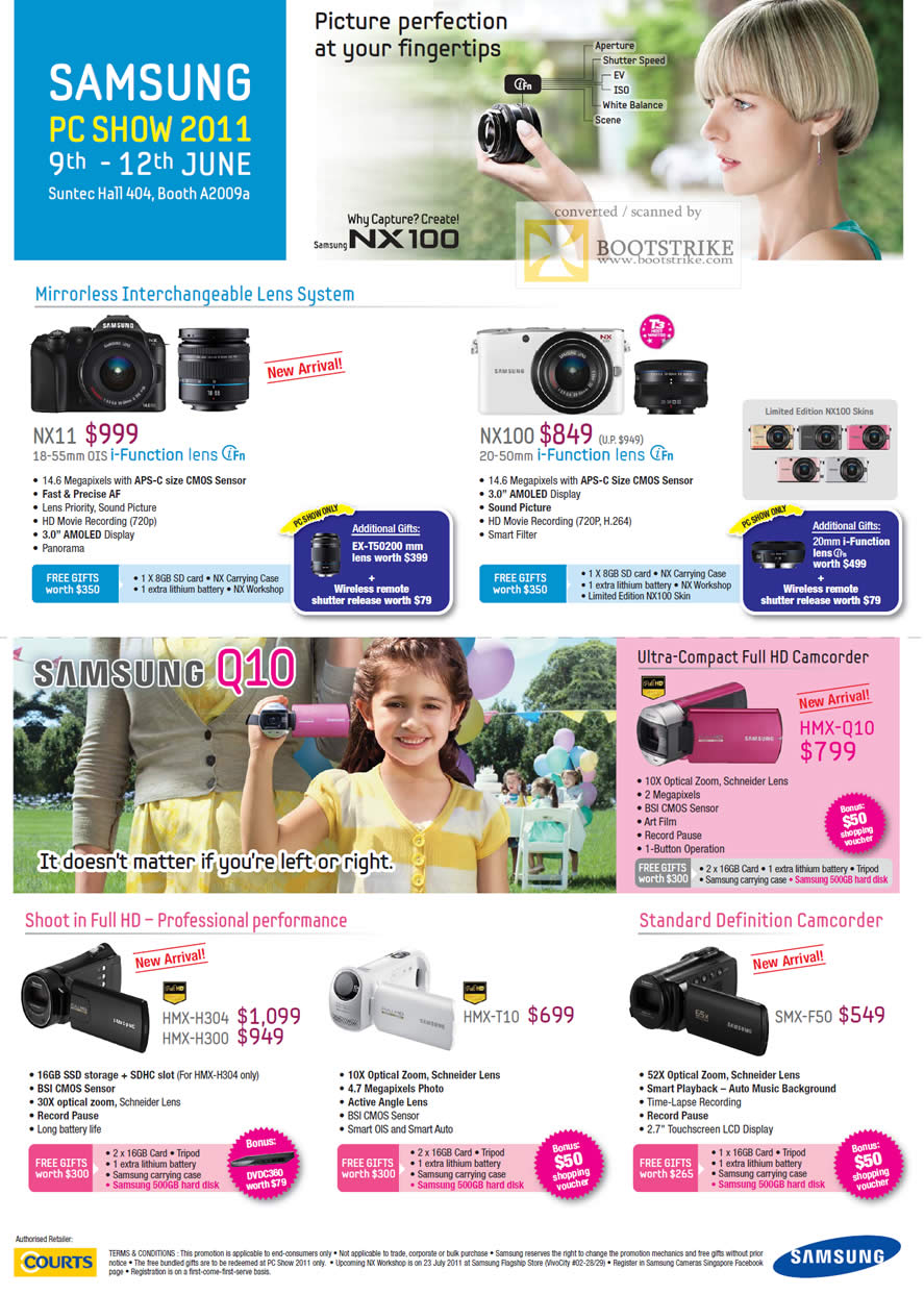 PC Show 2011 price list image brochure of Samsung Digital Cameras Mirrorless Interchangeable Lens System NX11 NX100 Camcorders HMX H304 H300 T10 SMX-F50