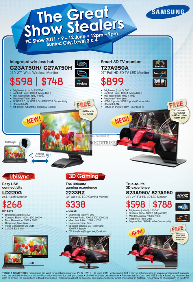PC Show 2011 price list image brochure of Samsung Monitors LCD LED 3D TV C23A750H C27A750H T27A950A LD220G 2233RZ S23A950 S27A950
