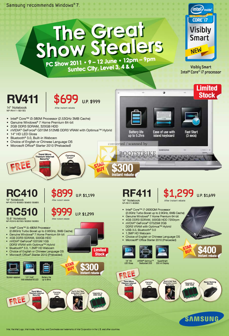 PC Show 2011 price list image brochure of Samsung Notebooks RV411 RC410 RC510 RF411 LED Gloss