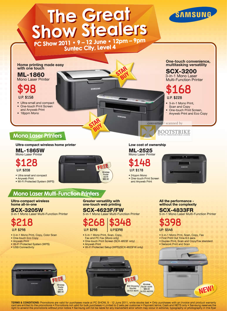 PC Show 2011 price list image brochure of Samsung Printers Laser ML-1860 SCX-3200 ML-1865W ML-2525 SCX-3205W SCX-4623F FW SCX-4833FR