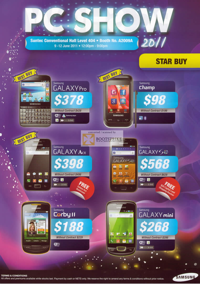 PC Show 2011 price list image brochure of Samsung Smartphones Mobile Phones Galaxy Pro Champ Galaxy Ace Galaxy S Corby II Galaxy Mini