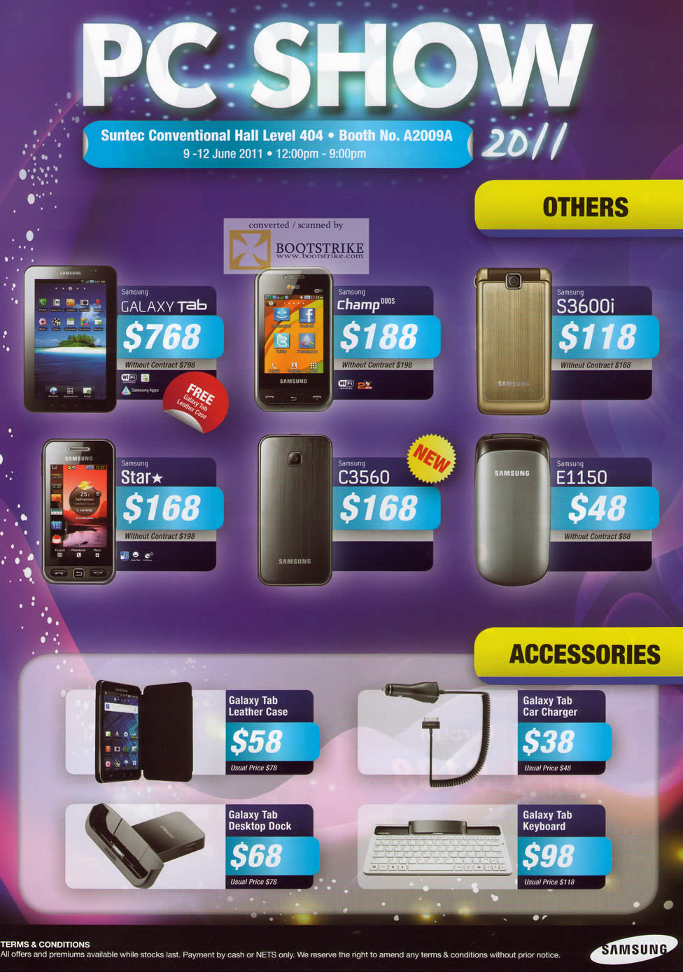 PC Show 2011 price list image brochure of Samsung Smartphones Mobile Phones Galaxy Tab Champ Duos S3600i Star C3560 E1150 Leather Case Desktop Dock Car Charger Keyboard