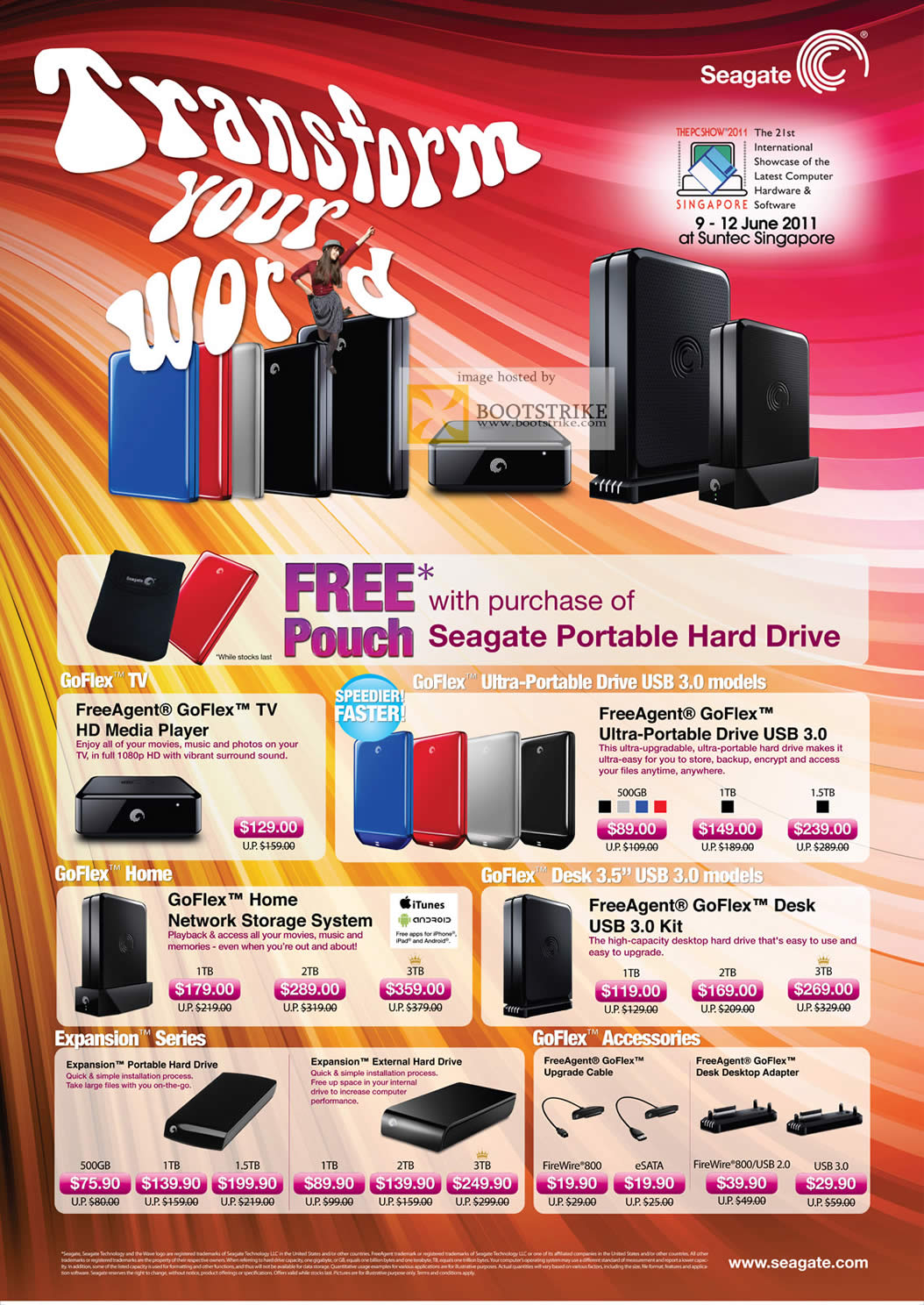 PC Show 2011 price list image brochure of Seagate FreeAgent GoFlex TV HD Media Player External Storage Drive USB NAS Desk Expansion Portable
