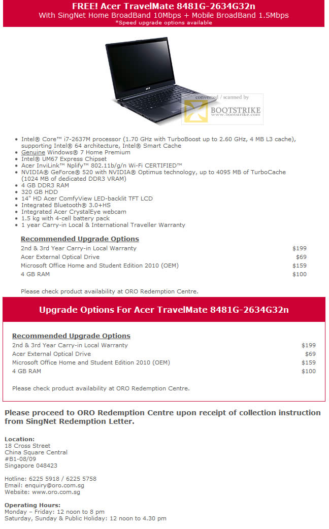 PC Show 2011 price list image brochure of Singtel Acer TravelMate 8481G-2634G32N Upgrade Options Specifications Redemption