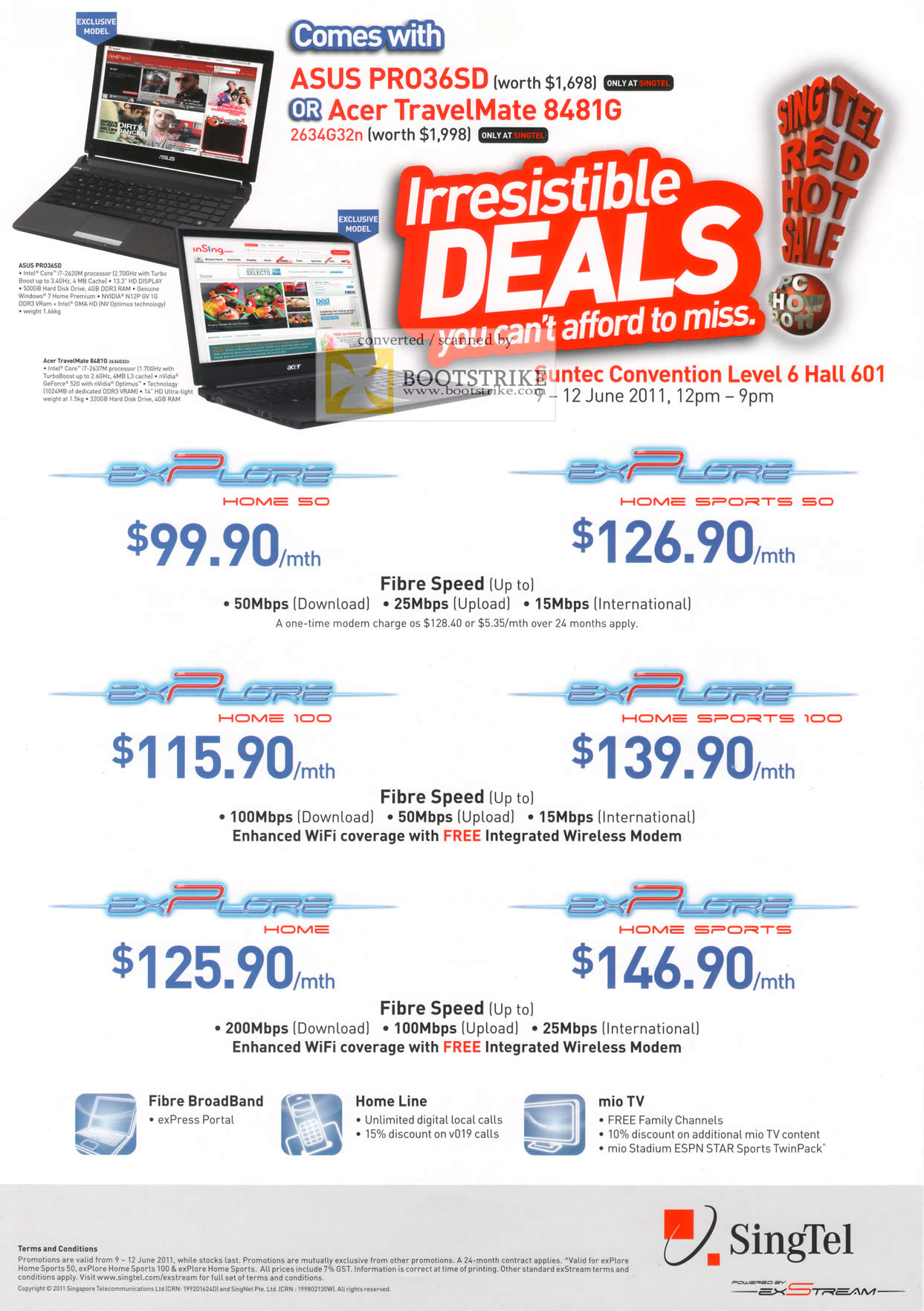 PC Show 2011 price list image brochure of Singtel Broadband Fibre ASUS Pro36SD Acer TravelMate 8481G Explore Home 50 Sports 100 Mio TV