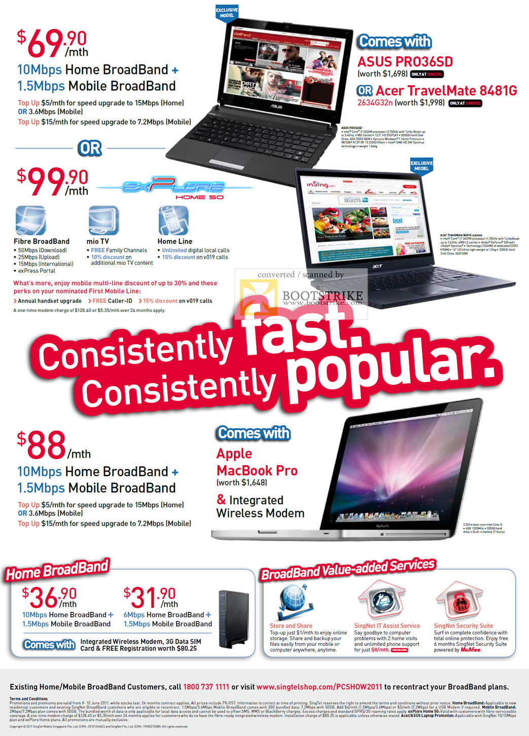 PC Show 2011 price list image brochure of Singtel Broadband Free ASUS Pro36SD Acer TravelMate 8481G 10Mbps 1.5Mbps Fibre Mio TV Home Line Mobile Apple MacBook Pro