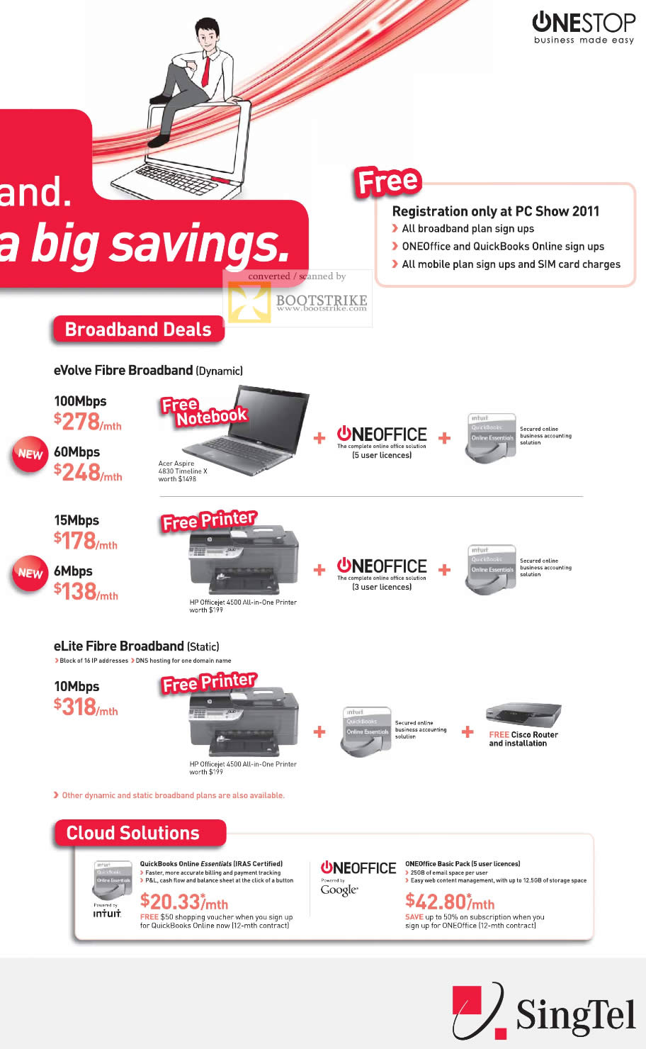 PC Show 2011 price list image brochure of Singtel Business Broadband EVolve Fibre Acer Aspire 4830 Timeline X HP Officejet 4500 OneOffice