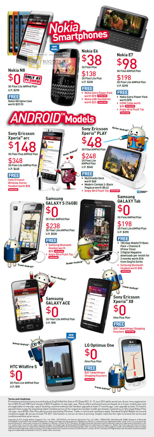 PC Show 2011 price list image brochure of Singtel Mobile Phones Nokia N8 N6 E7 Sony Ericsson Xperia Arc PLAY Samsung Galaxy S Tab Ace X8 LG Optimus One HTC Wildfire S