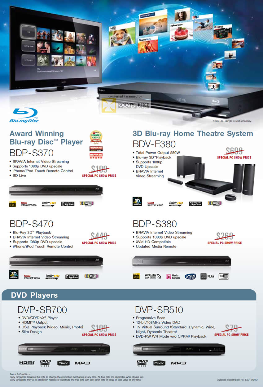 PC Show 2011 price list image brochure of Sony Blu Ray Disc Player BDP-S370 E380 S470 S380 DVD Players DVP SR700 SR510