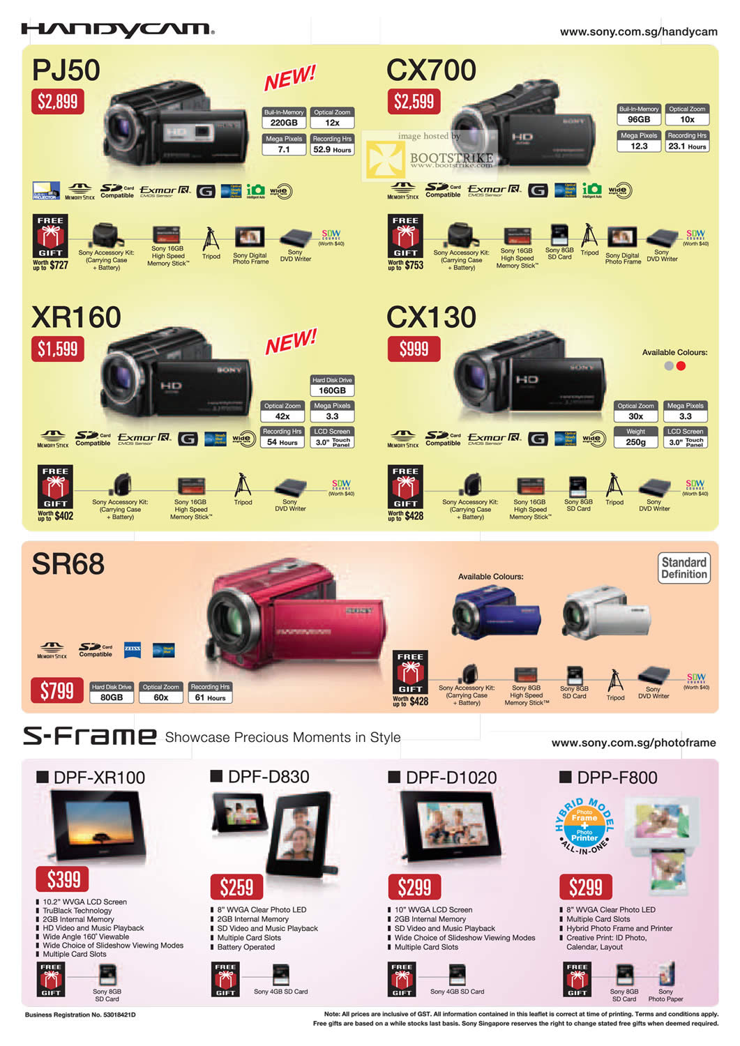 PC Show 2011 price list image brochure of Sony Camcorders Handycam PJ50 CX700 XR160 CX130 SR69 S-Frame Digital Photo Frame DPF XR100 D830 D1020 F800