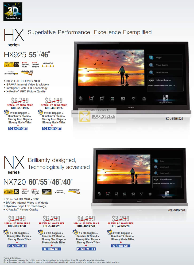 PC Show 2011 price list image brochure of Sony TV HX Series HX925 X-Reality Pro Bravia NX720 KDL 55HX925 46HX925 60NX720 55NX720 46NX720 40NX720