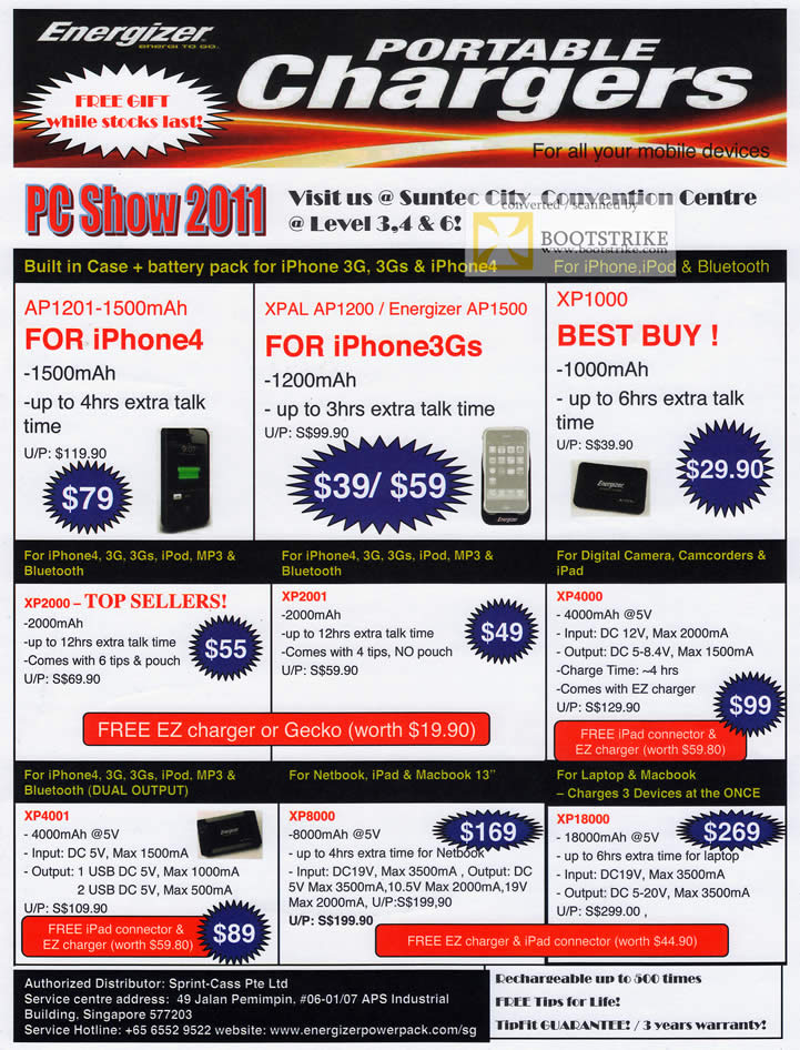 PC Show 2011 price list image brochure of Sprint Cass Engergizer Portable Charger IPhone AP1201 XPAL AP1200 XP100 XP2000 XP2001 XP4000 XP4001 XP8000 XP18000
