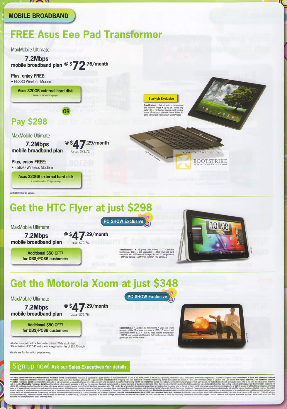 PC Show 2011 price list image brochure of Starhub Broadband Mobile Free ASUS Eee Pad Transformer HTC Flyer Motorola Xoom