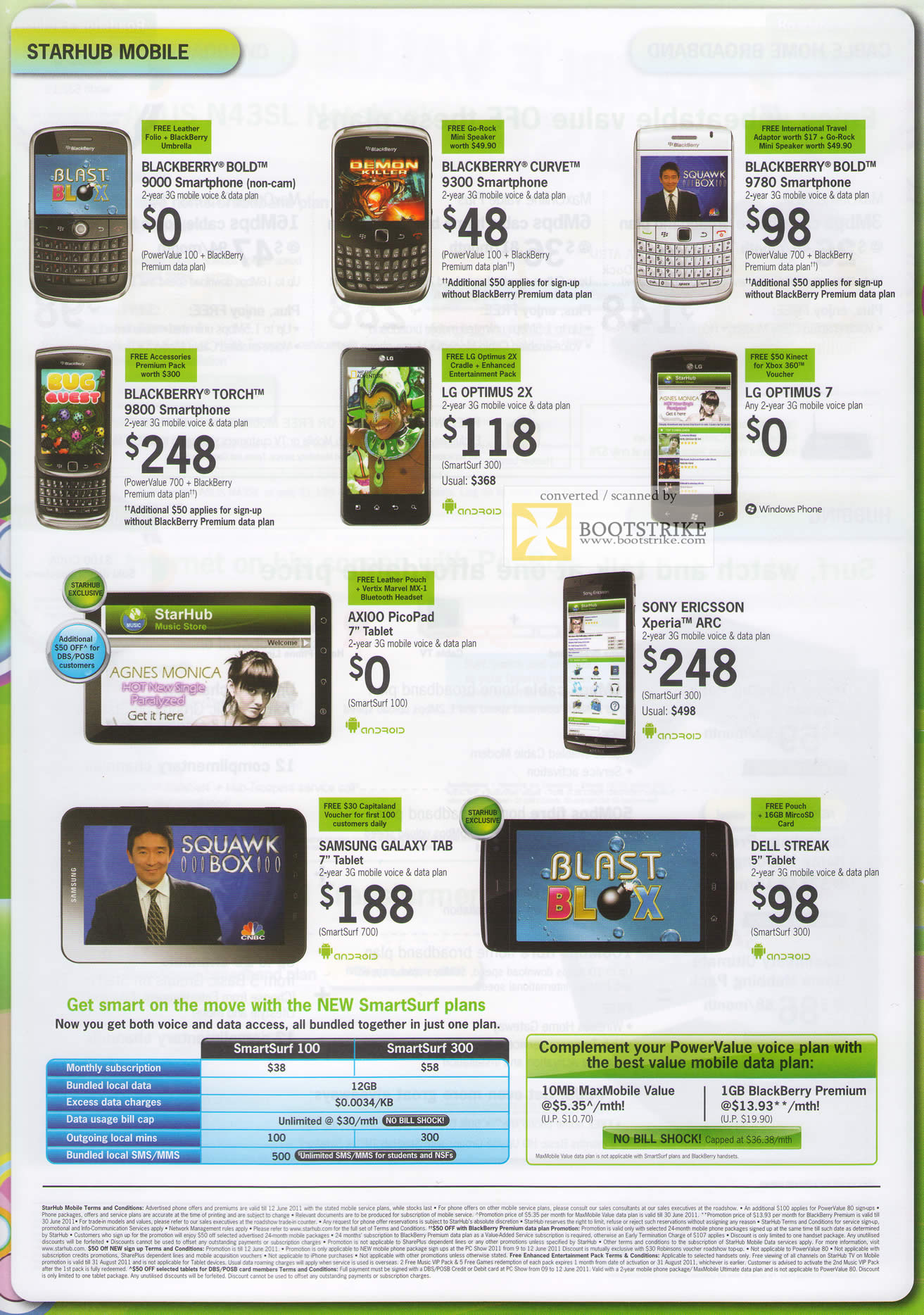 PC Show 2011 price list image brochure of Starhub Mobile Phones Blackberry Bold 9000 Curve 9300 Bold 9780 Torch 9800 LG Optimus 2X 7 Axioo PicoPad SE Xperia Arc Samsung Galaxy Tab Dell Streak
